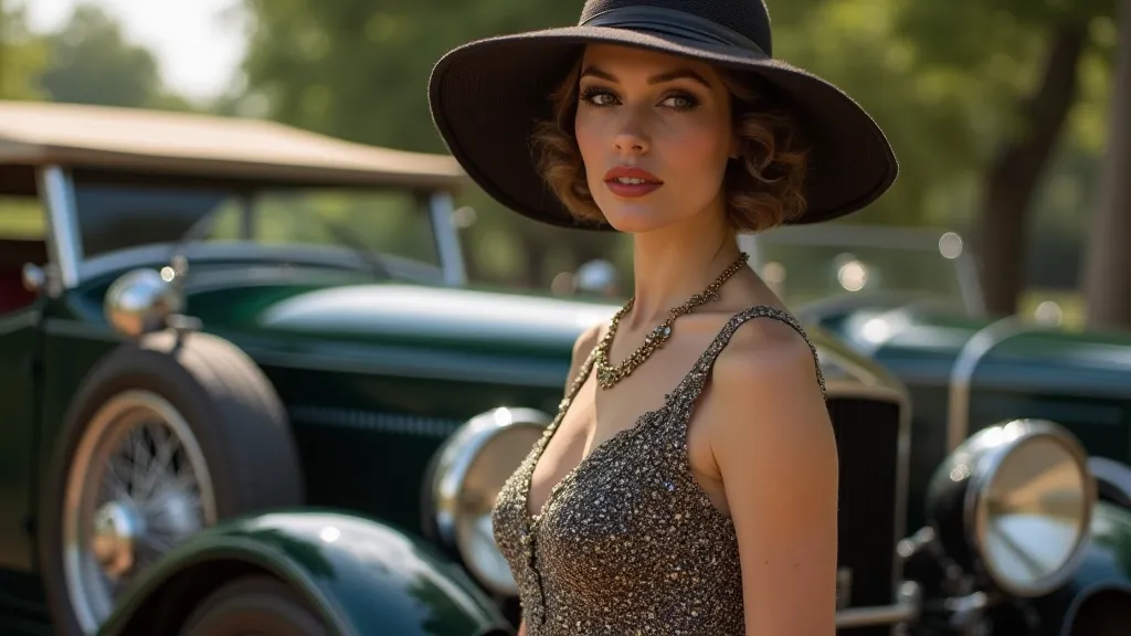 A woman in a 1920s cloche hat and beaded dress