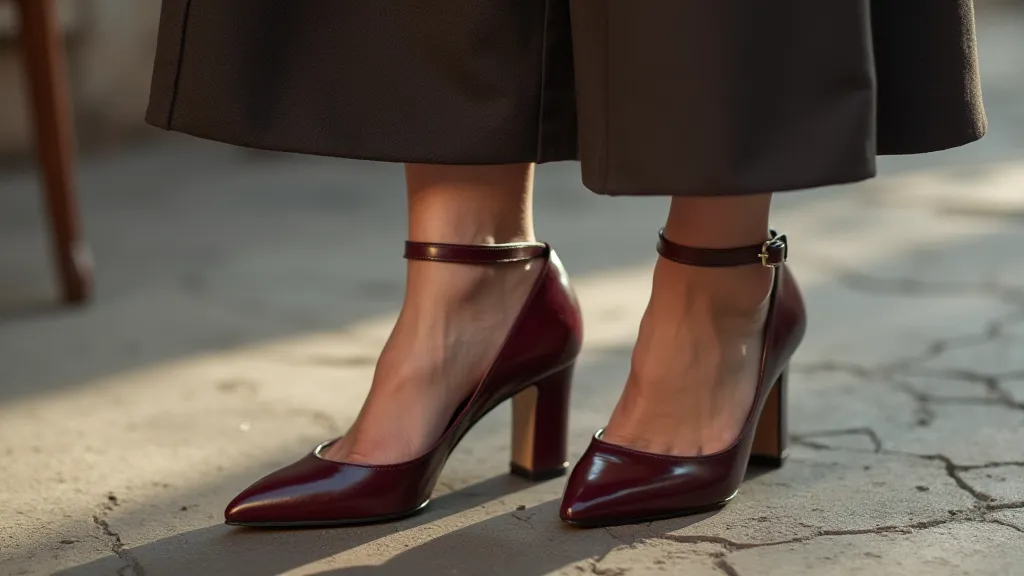 Burgundy leather heels with ankle strap, 1940s style.
