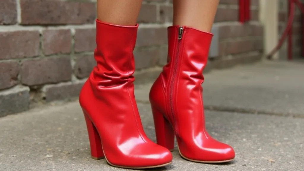 Red go-go boots with chunky heel, 1960s style.