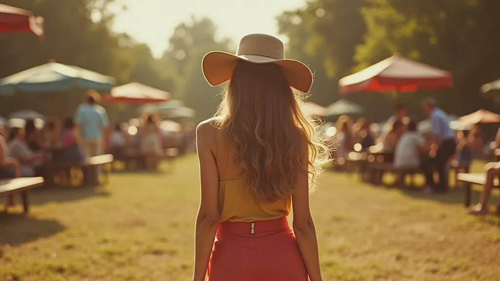 Woman with bell bottoms and a floppy hat