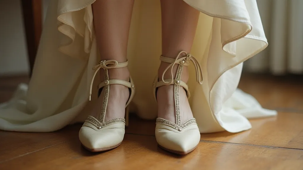 Cream satin shoes with a pointed toe, Edwardian era.