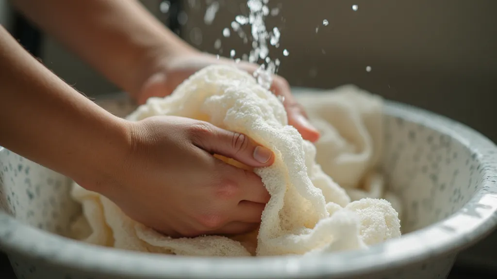 Vintage fabric being gently hand-washed