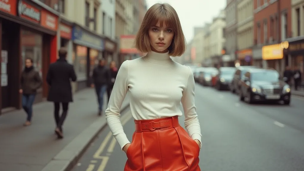 Woman in a red mini skirt and turtleneck